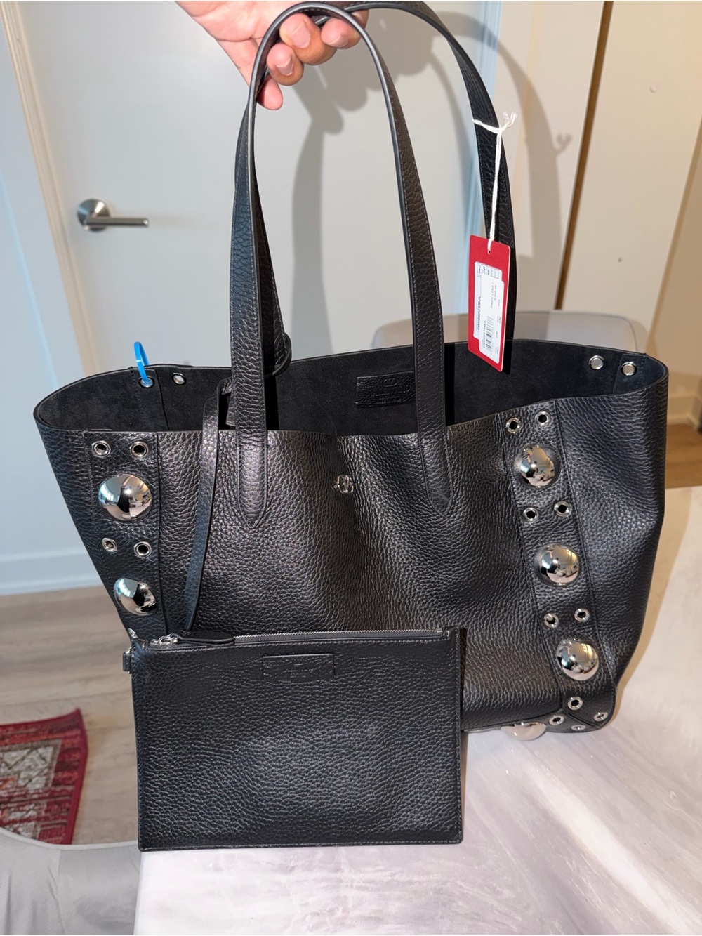 Valentino Garavani Black Pebbled Leather Tote with Silver Studs (Nellcôte) - Picture 2 of 9